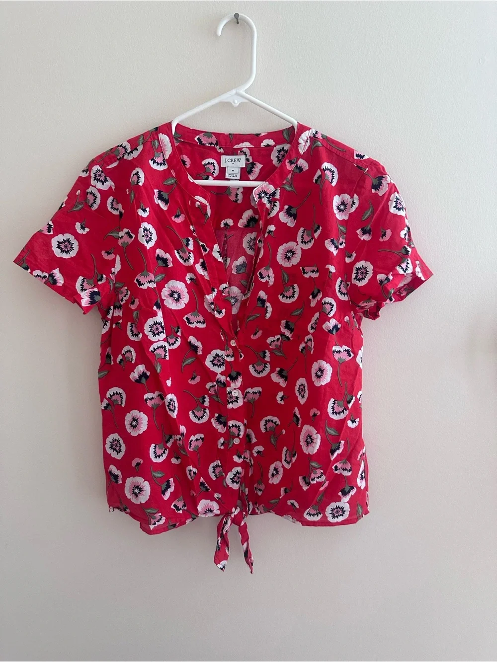 J. Crew Red Floral Tie-Hem Short Sleeve Blouse